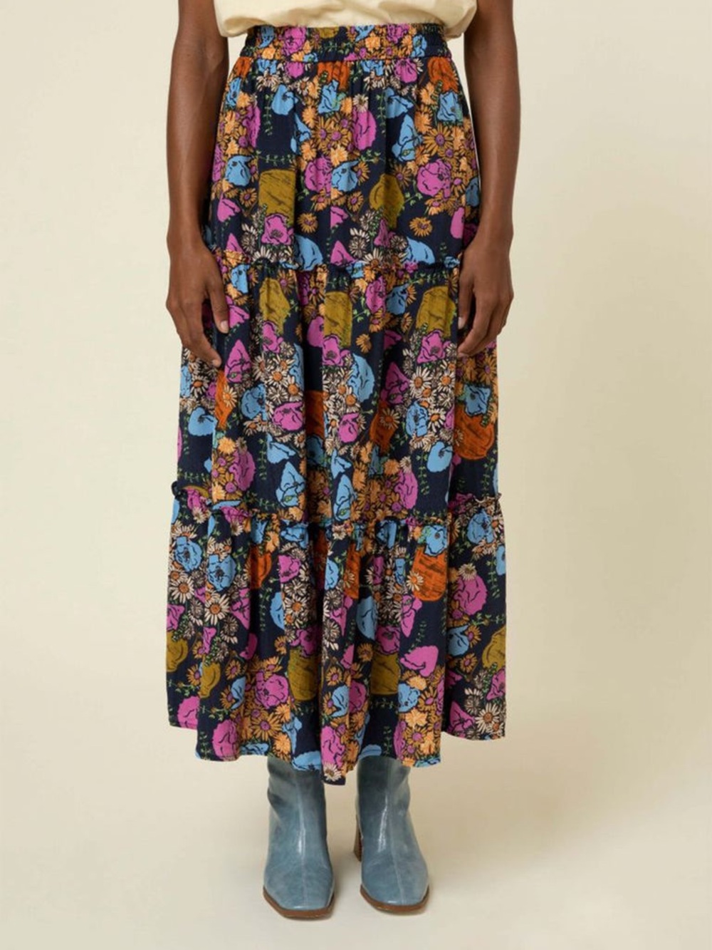 Floral Tiered Maxi Skirt – Black with Multicolor Floral Print